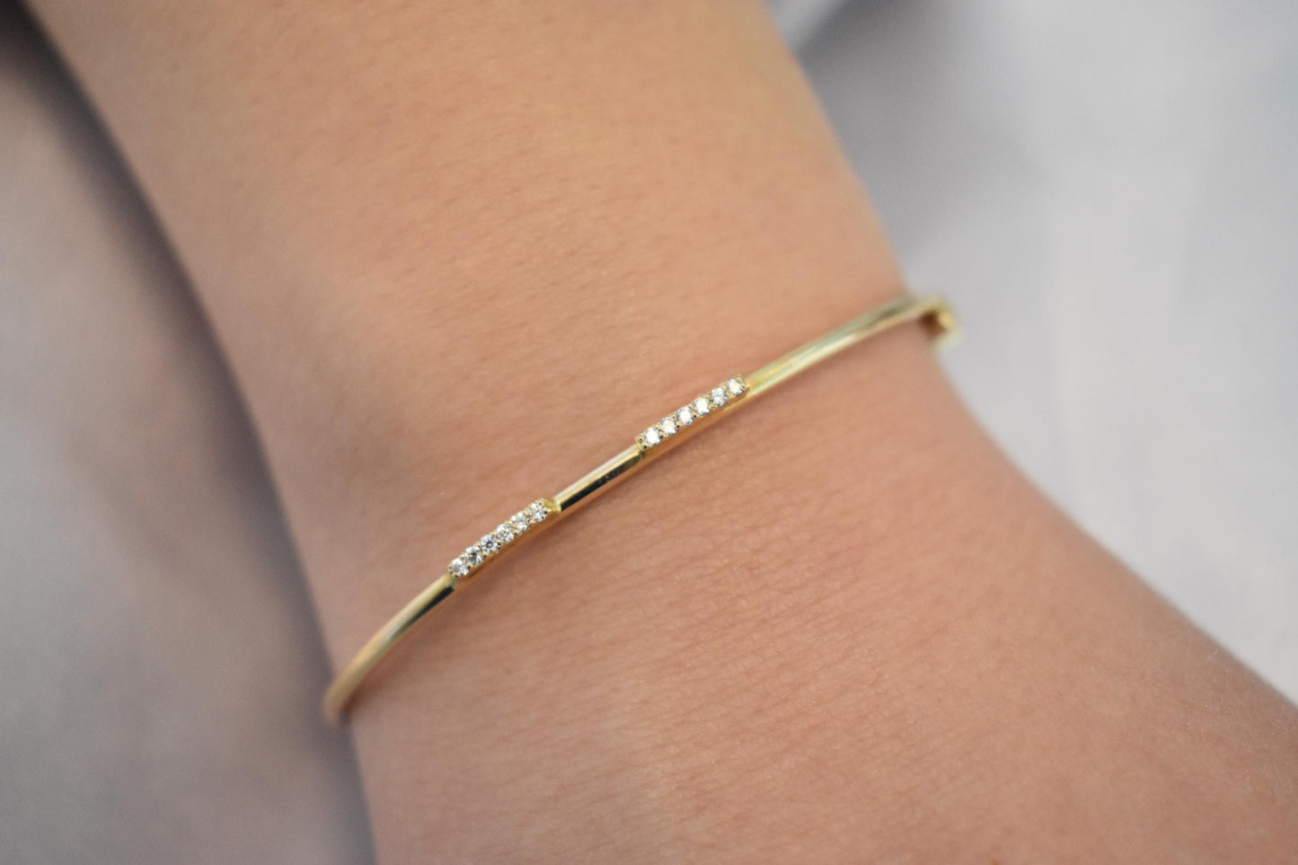 14K Gold Pave Bar Bracelet,Real Solid Gold Everyday Bracelet Women,Wedding & Engagement Dainty Line Bracelet,Stacking Bracelet Gift for Her