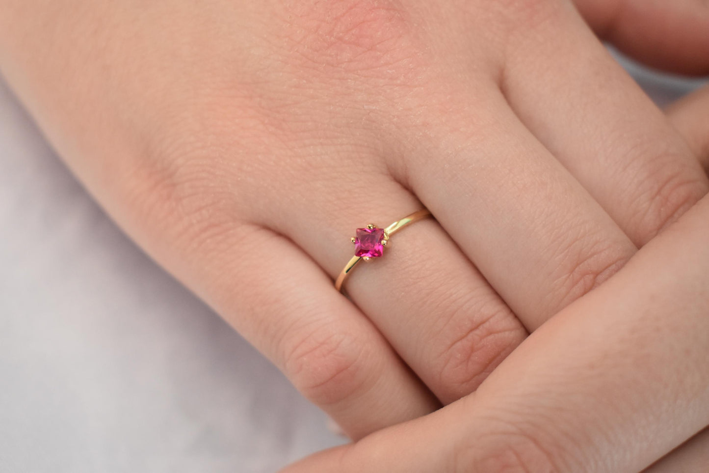 14K Solid Gold Thin Minimalist Ring–Square Deep Pink Zircon,Stackable Jewellery Gold Ring,14K Wedding & Engagement Stacking Ring for Her
