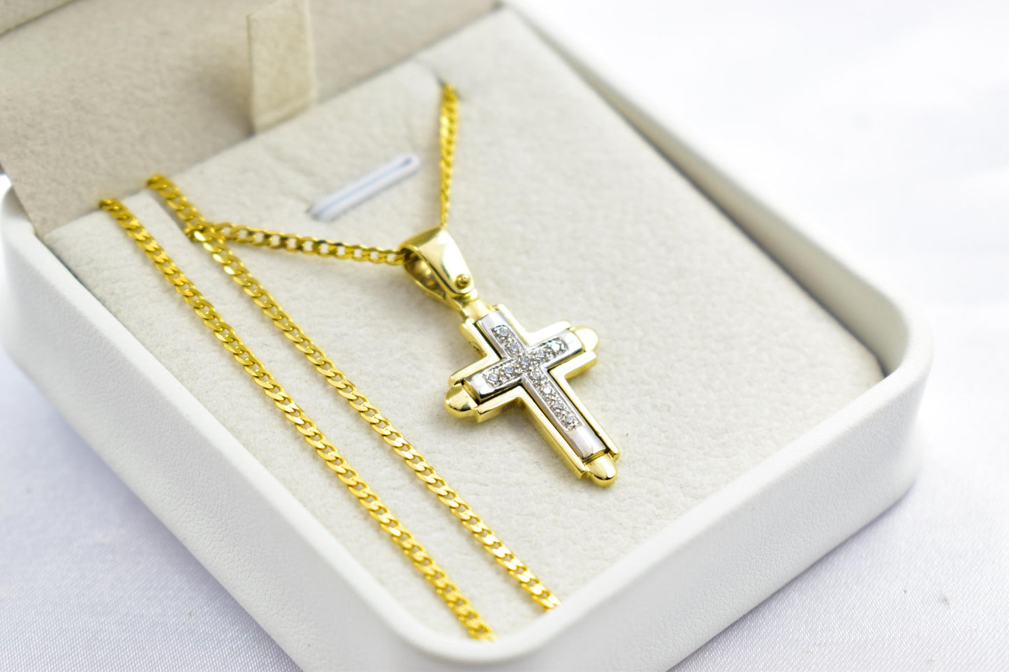 γυναικα 14K Solid Gold Cross Pendant White Zircon Stones,Two-Tone Yellow-White Gold Finish,Optional 14K Chain,Elegant Christian Gift for Men & Women