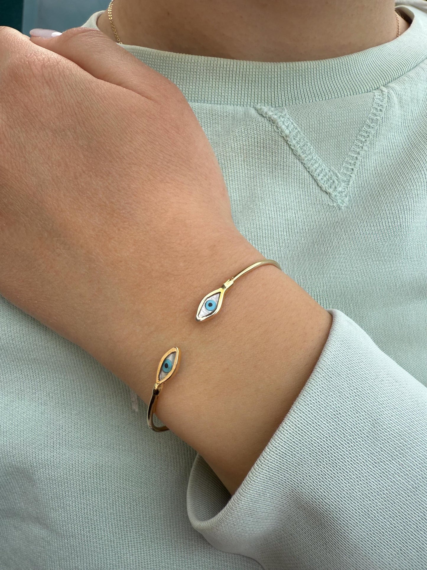14K Gold Evil Eye Bracelet,Mother of Pearl Evil Eye,Lucky Bracelet,Blue Eye Bangle,Protective Gift for Everyday,Gold Gift for Mom & Her