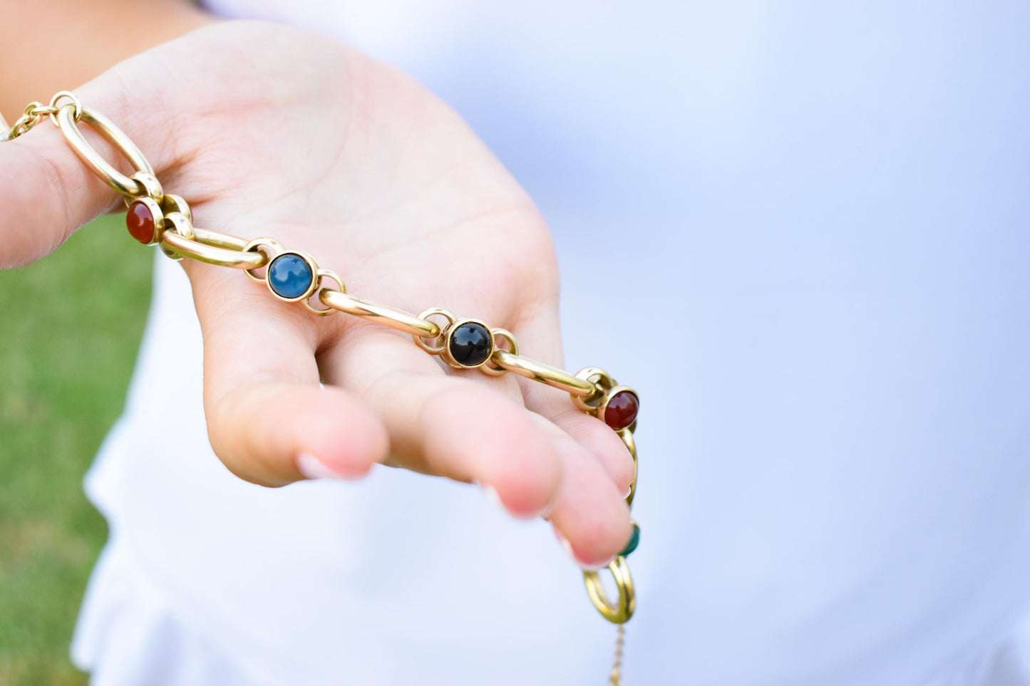 14K Solid Gold Thick Chain Bracelet,Statement Bracelet,Charm Bracelet,Natural Stone Bracelet,Gemstone Bracelet, Forever Unique Gift for Her