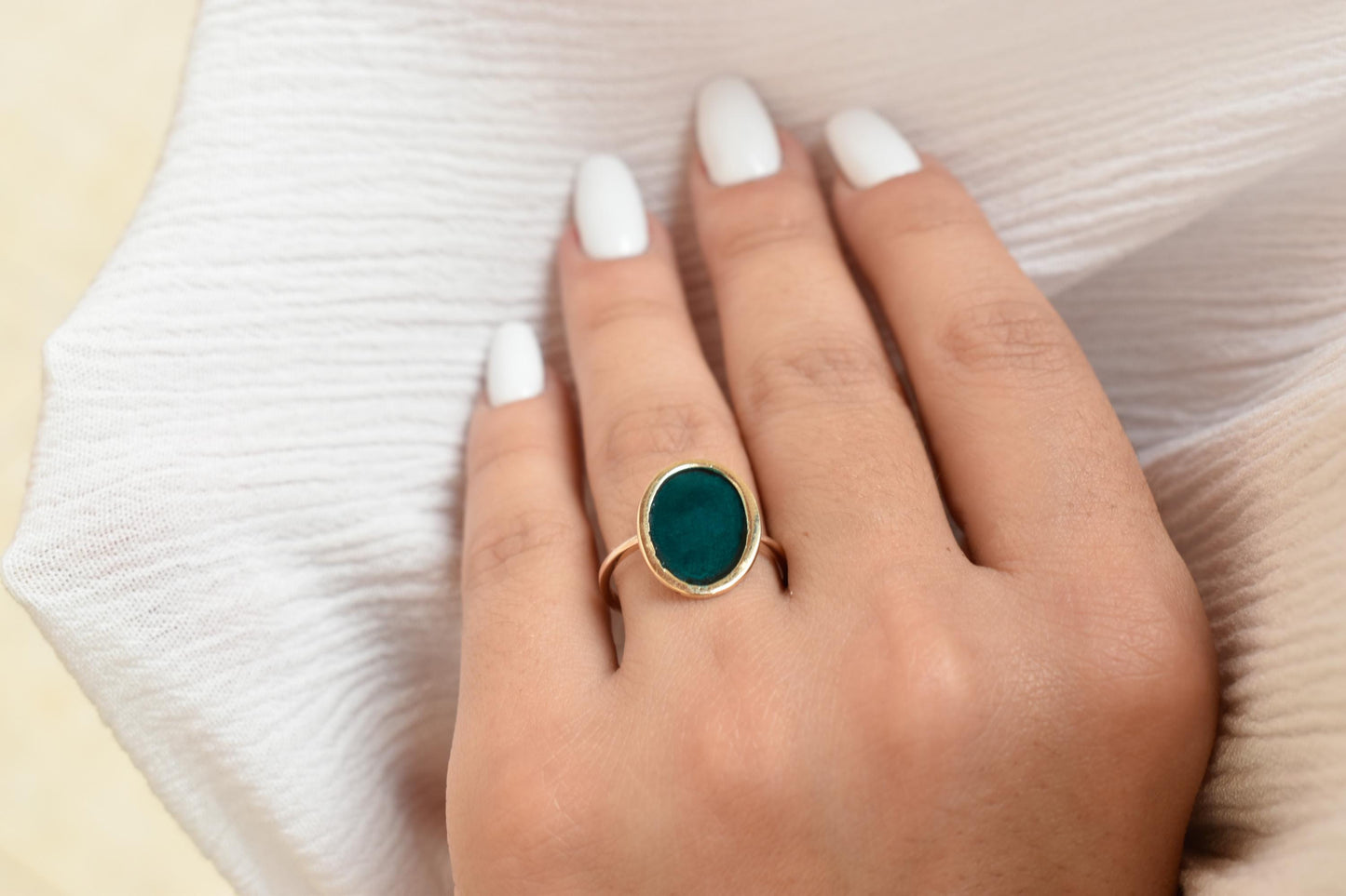 Χειροποίητο Οβάλ Δαχτυλίδι με Πράσινο Σμάλτο Κ14