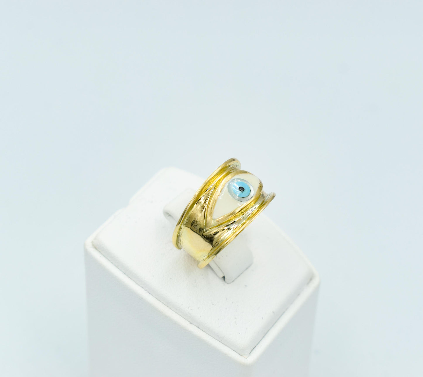 Χειροποίητο Δαχτυλίδι με Λευκό Σμάλτο Μάτι Κ14 - Αυξομειούμενο
