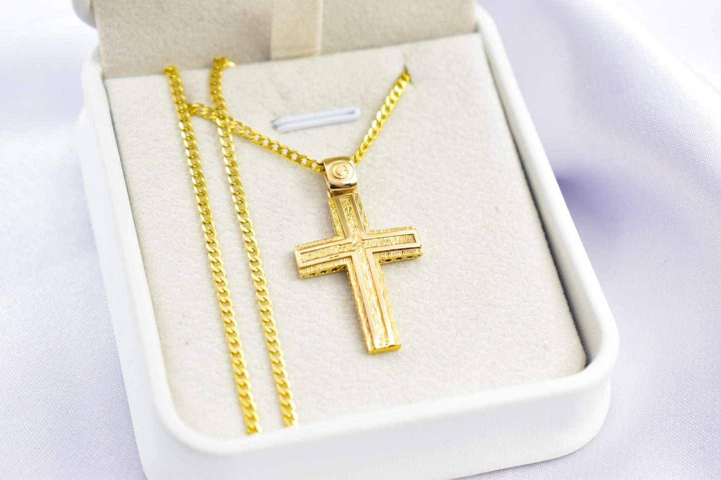Ανδρικοί Σταυροί Handcrafted 14K Gold Cross Pendant Textured Design,Elegant Hollow Back Crucifix,Orthodox Christian Jewellery,Baptism Gift,Men & Women Chain