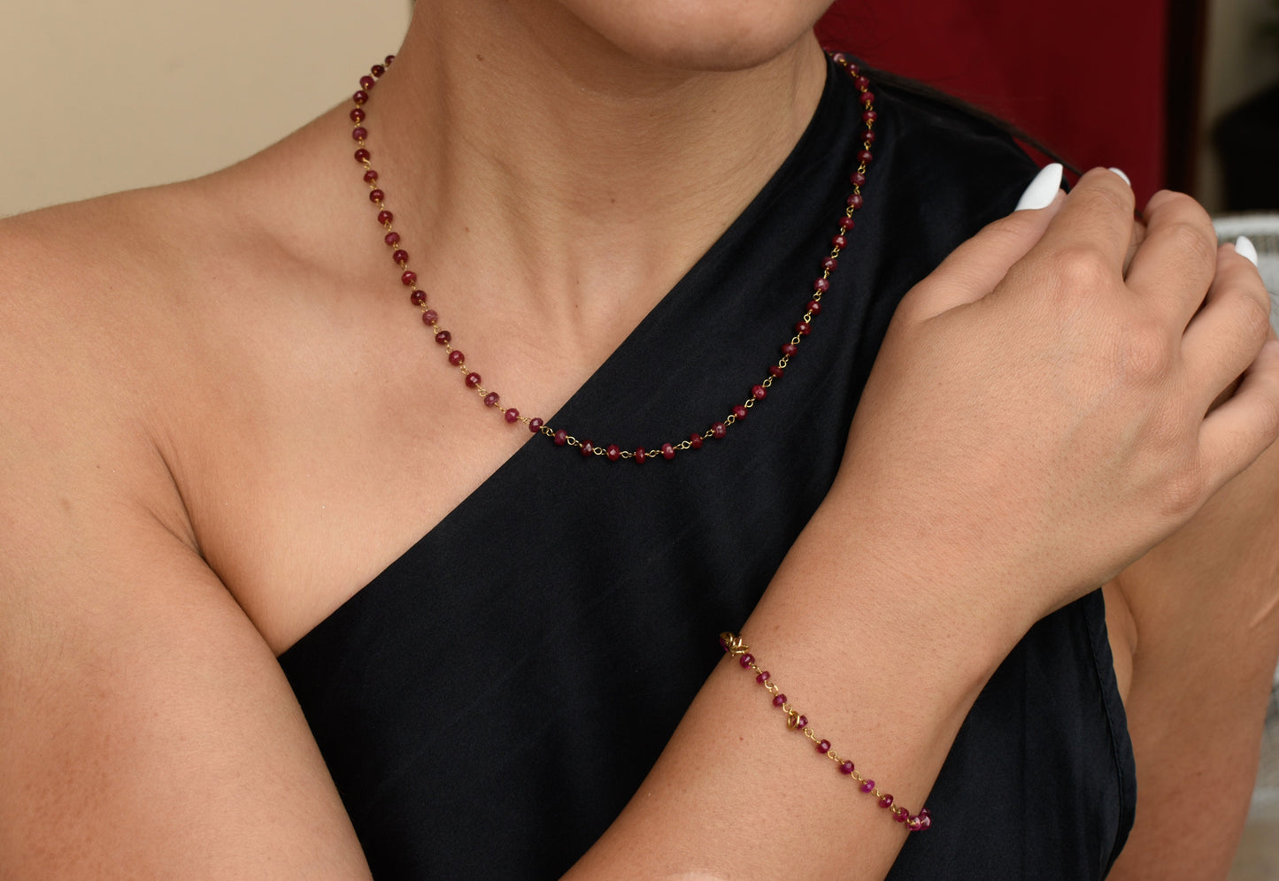 14K Gold Ruby Rosary Bracelet,Ruby Bracelet,Natural Ruby Chain Gold Bracelet,Real Ruby Bracelet,Gold Thin Chain Bracelet,Gift for Mom & Her