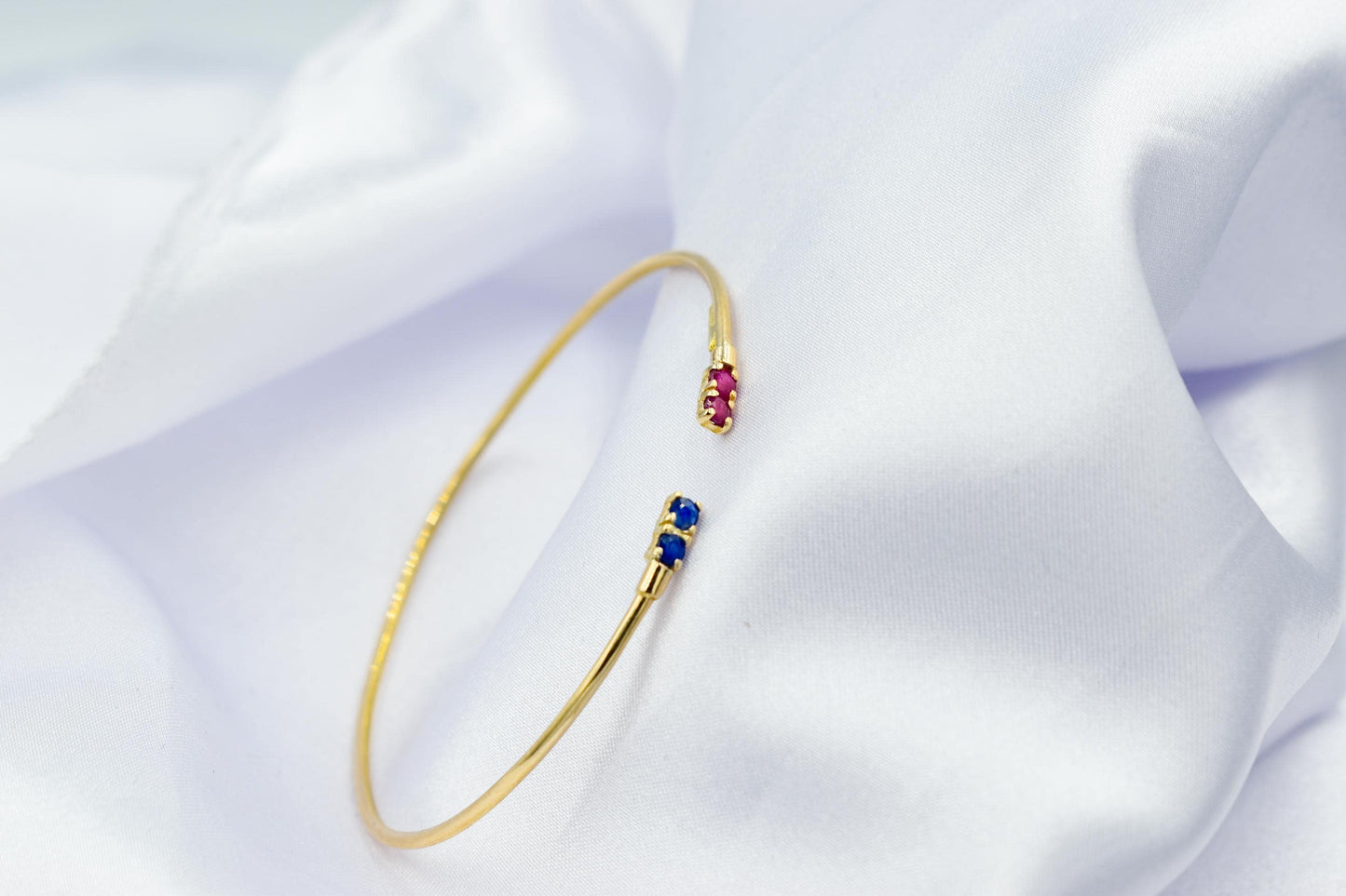 14K Gold Birthstone Cuff Bangle Bracelet,Natural Ruby and Sapphire Bracelet,Exclusive Minimalist Bracelet,Wedding & Engagement Gift for Her