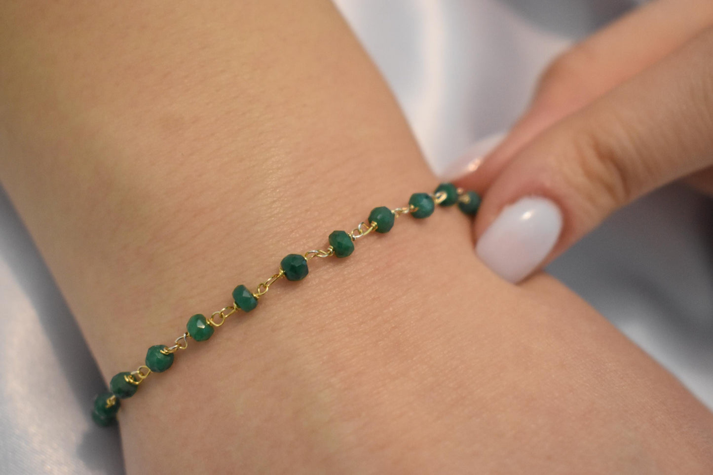 14K Gold Emerald Rosary Bracelet,Emerald Bracelet,Natural Emerald Chain Gold Bracelet,Real Emerald Bracelet,Gold Thin Chain Bracelet for Her