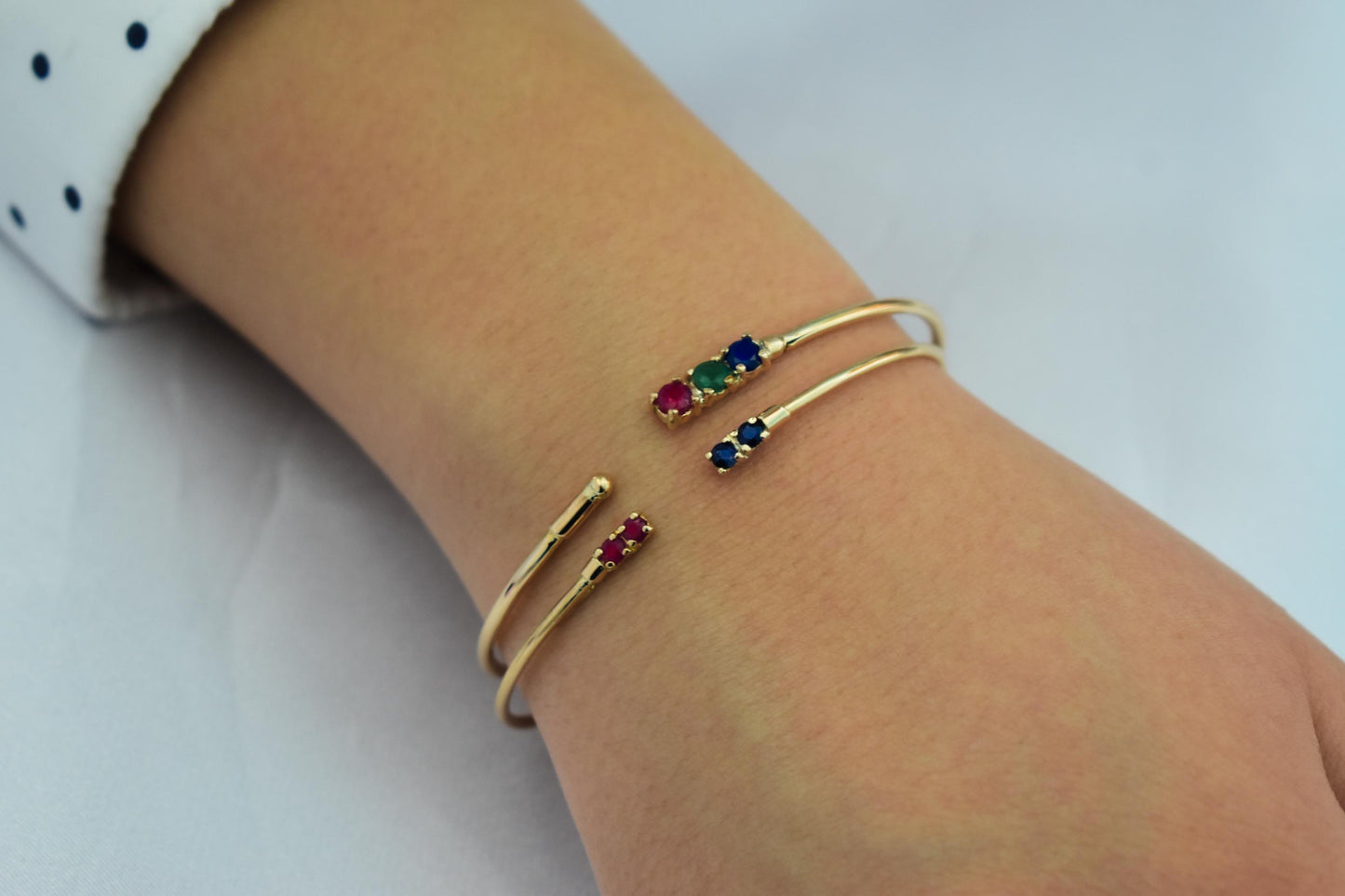 14K Gold Bracelet with Natural Ruby-Emerald-Sapphire,Dainty Cuff Bangle,Perfect Gift for Her,Minimalist Bracelet,Wedding & Engagement Jewel