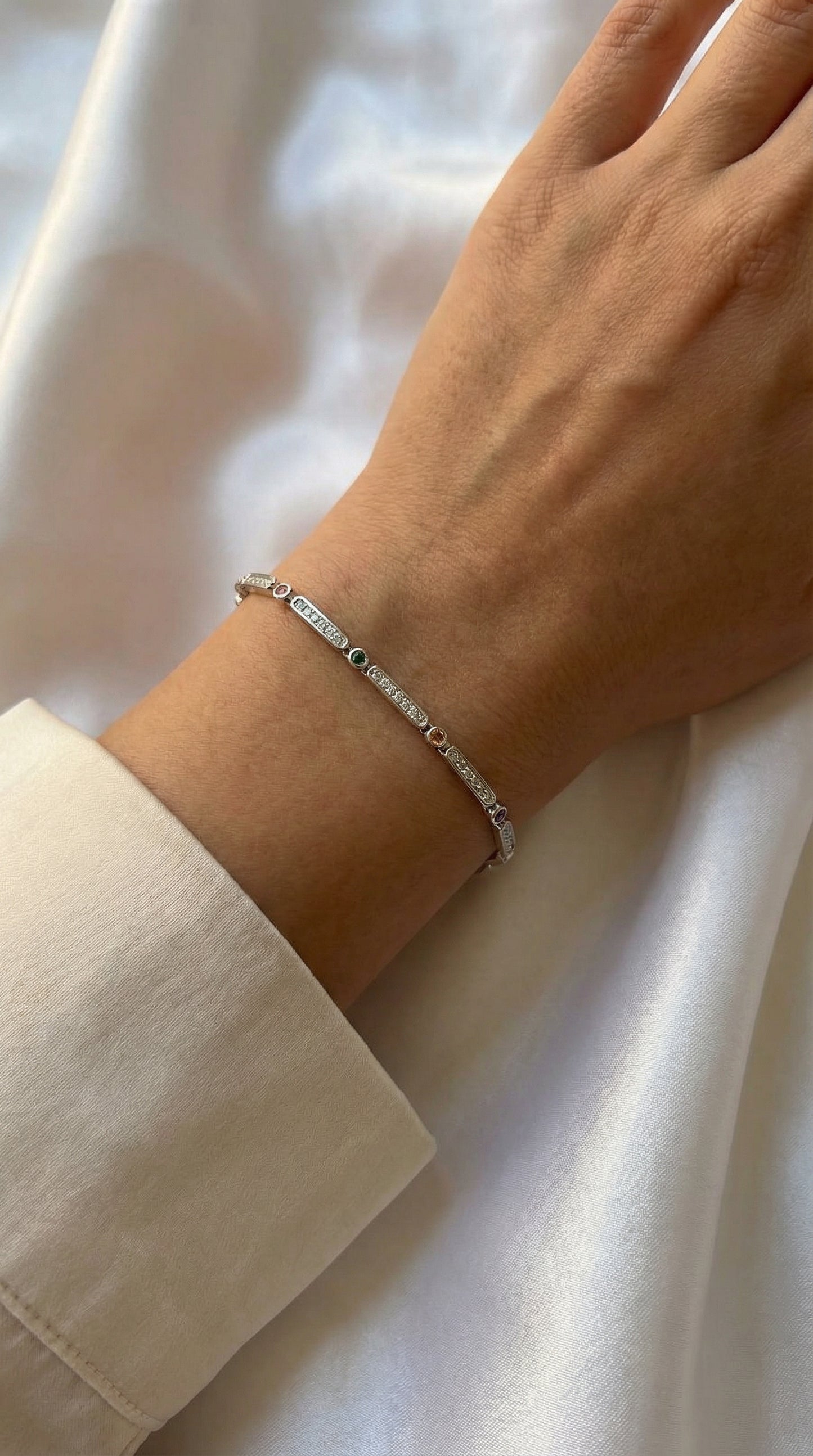 Βραχιόλι Λευκόχρυσο με Λευκά Zircon & Πολύχρωμες Πέτρες Κ14