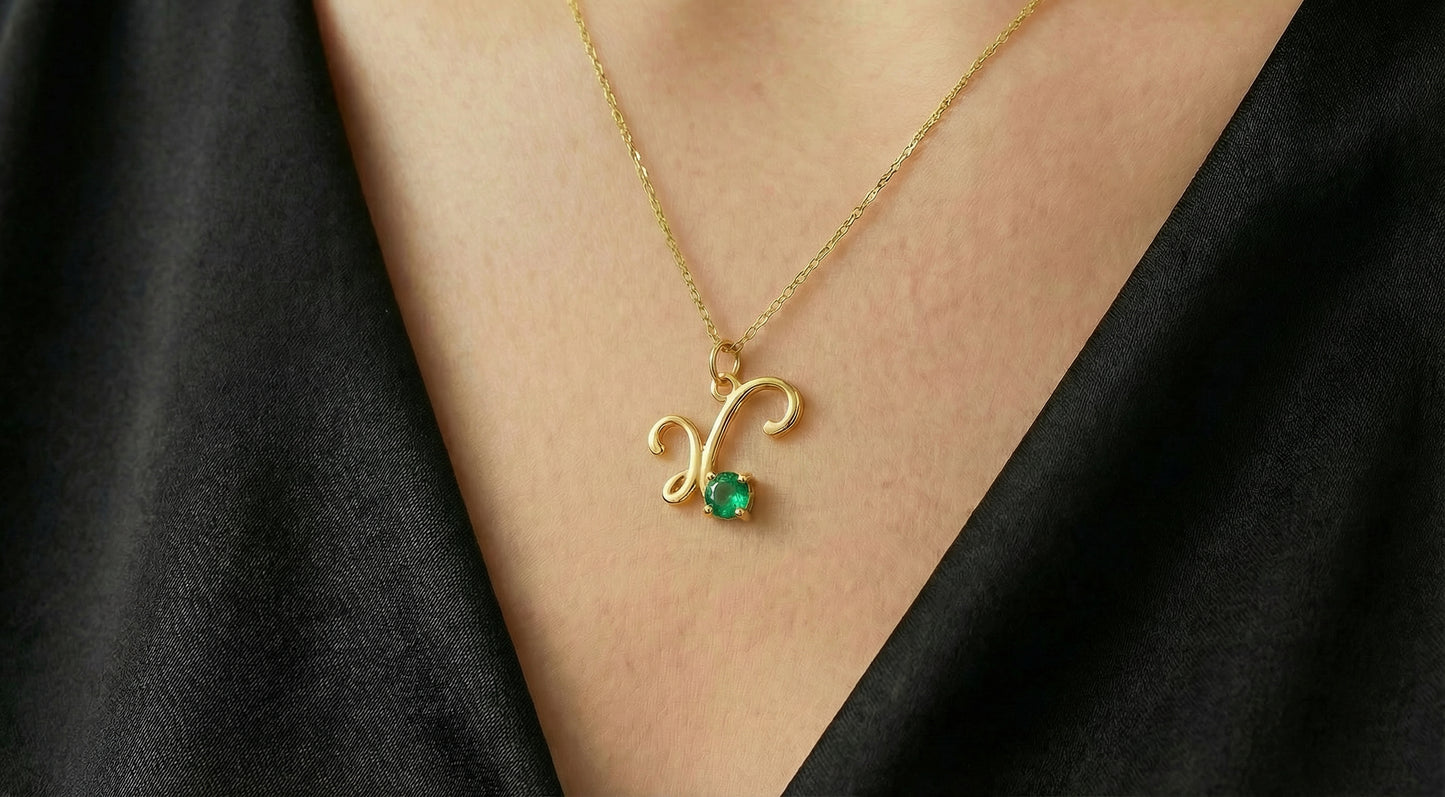 Γούρι Ασημένιο Επιχρυσωμένο Πράσινο Zircon με Αλυσίδα