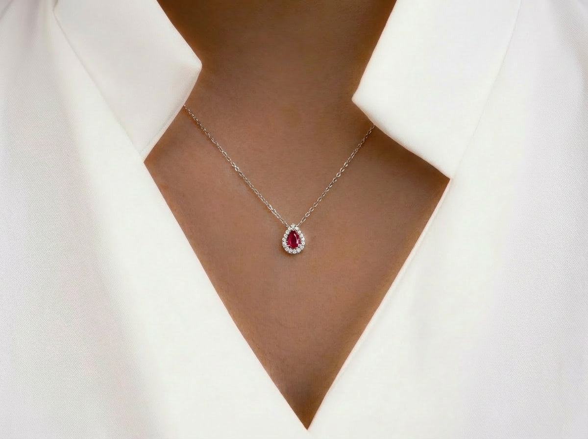 Κολιέ Ροζέτα Λευκόχρυσο με Κόκκινο & Λευκά zircon Κ14