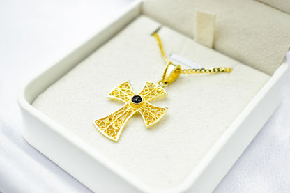 γυναικα Byzantine 14K Gold Cross with Natural Sapphire | Handmade Filigree Orthodox Pendant | Baptism Gift | Unisex Necklace with Optional 14K Chain