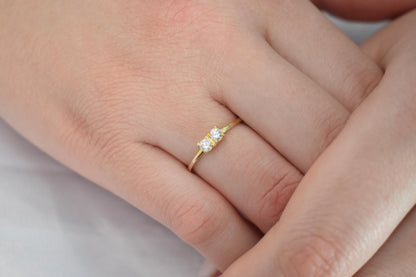 14K Solid Gold Thin Minimalist Ring–Two Round White Zircons,Stackable Jewellery Ring,Gold Band,Wedding & Engagement Stacking Ring for Her