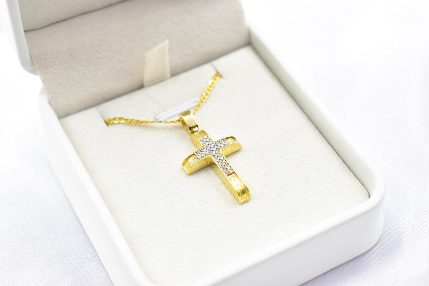 γυναικα 14K Solid Gold Cross Pendant with White Zircon Stones – Optional Matching Chain – Unisex Baptism Gift, Women’s and Men’s Gold Cross