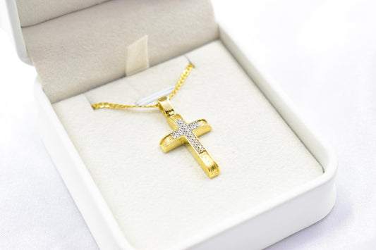γυναικα 14K Solid Gold Cross Pendant with White Zircon Stones – Optional Matching Chain – Unisex Baptism Gift, Women’s and Men’s Gold Cross