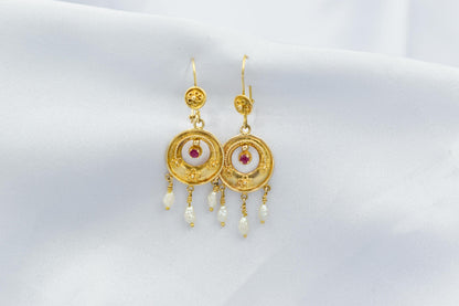 Σκουλαρίκια Boho με Ρουμπίνι & Μαργαριτάρια Κ14