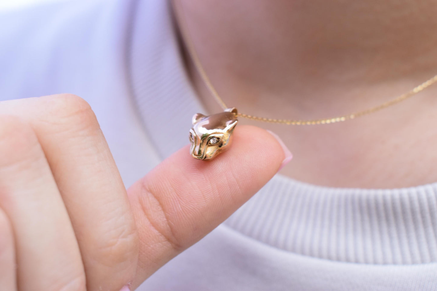 Χρυσό Κολιέ με Κεφάλι Πάνθηρα και Διαμάντια 14Κ