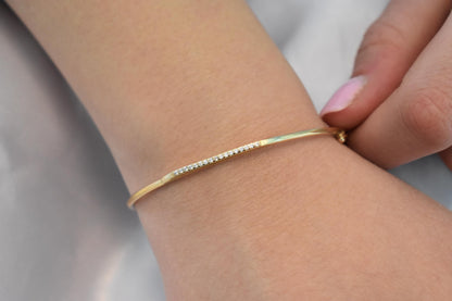 14K Gold Bar Bracelet, CZ or VVS1 Diamond Bangle,Dainty Gold Cuff, Custom Size,Gift for Her,Minimalist Gold Jewellery for Women Gift for Her