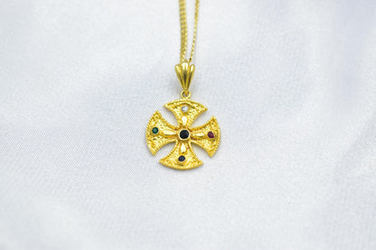 Βυζαντινός Στρογγυλός Σταυρός με πολύχρωμα Ζιργκόν Κ14