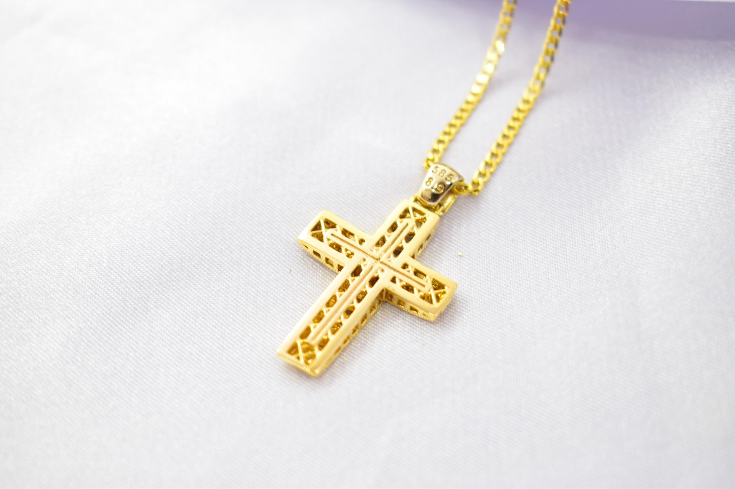 Ανδρικοί Σταυροί 14K Gold Solid Cross Pendant with Cuban Chain Design | Reversible Design | Handmade Christian Jewellery,Men’s & Women’s Option ,Baptism Gift