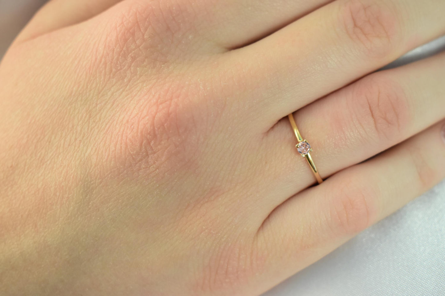 14K Solid Gold Thin Minimalist Ring–Light Pink Zircon, Stackable Jewellery Gold Ring,14K Wedding & Engagement Stacking Ring,Gift for Her