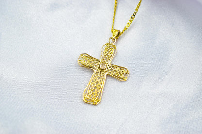 γυναικα Byzantine 14K Gold Cross with Natural Sapphire | Handmade Filigree Orthodox Pendant | Baptism Gift | Unisex Necklace with Optional 14K Chain