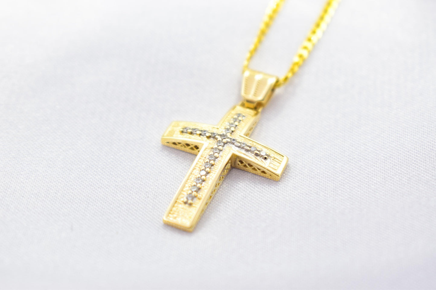 γυναικα 14K Gold Cross Pendant with Zircon Stones | Handcrafted Christian Jewellery | Dual-Sided Design | Includes 14K Gold Chain,Baptism Gift