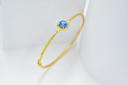 14K Gold Blue Zircon Bangle, Thin Gold Bracelet, Dainty Zircon Bracelet, Minimalist Gemstone Bangle, Gift for Her, Custom Gem Bangle