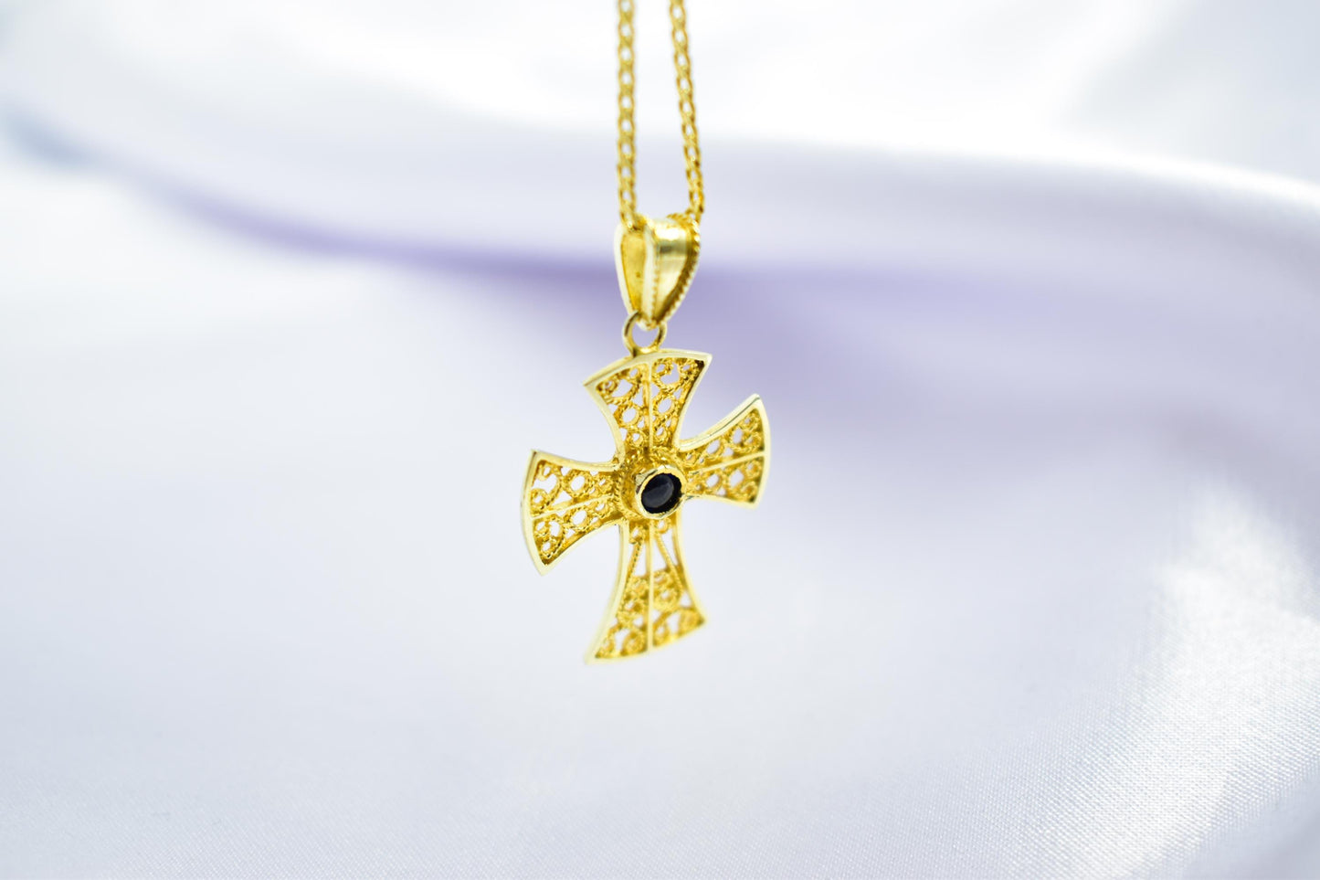 γυναικα Byzantine 14K Gold Cross with Natural Sapphire | Handmade Filigree Orthodox Pendant | Baptism Gift | Unisex Necklace with Optional 14K Chain