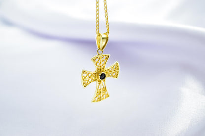 γυναικα Byzantine 14K Gold Cross with Natural Sapphire | Handmade Filigree Orthodox Pendant | Baptism Gift | Unisex Necklace with Optional 14K Chain