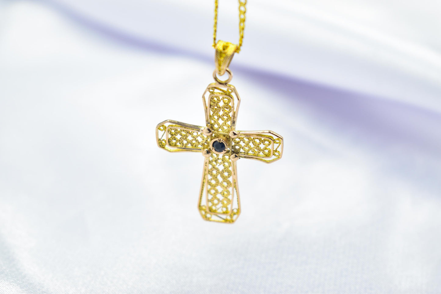 γυναικα Byzantine 14K Gold Cross with Natural Sapphire | Handmade Filigree Orthodox Pendant | Baptism Gift | Unisex Necklace with Optional 14K Chain