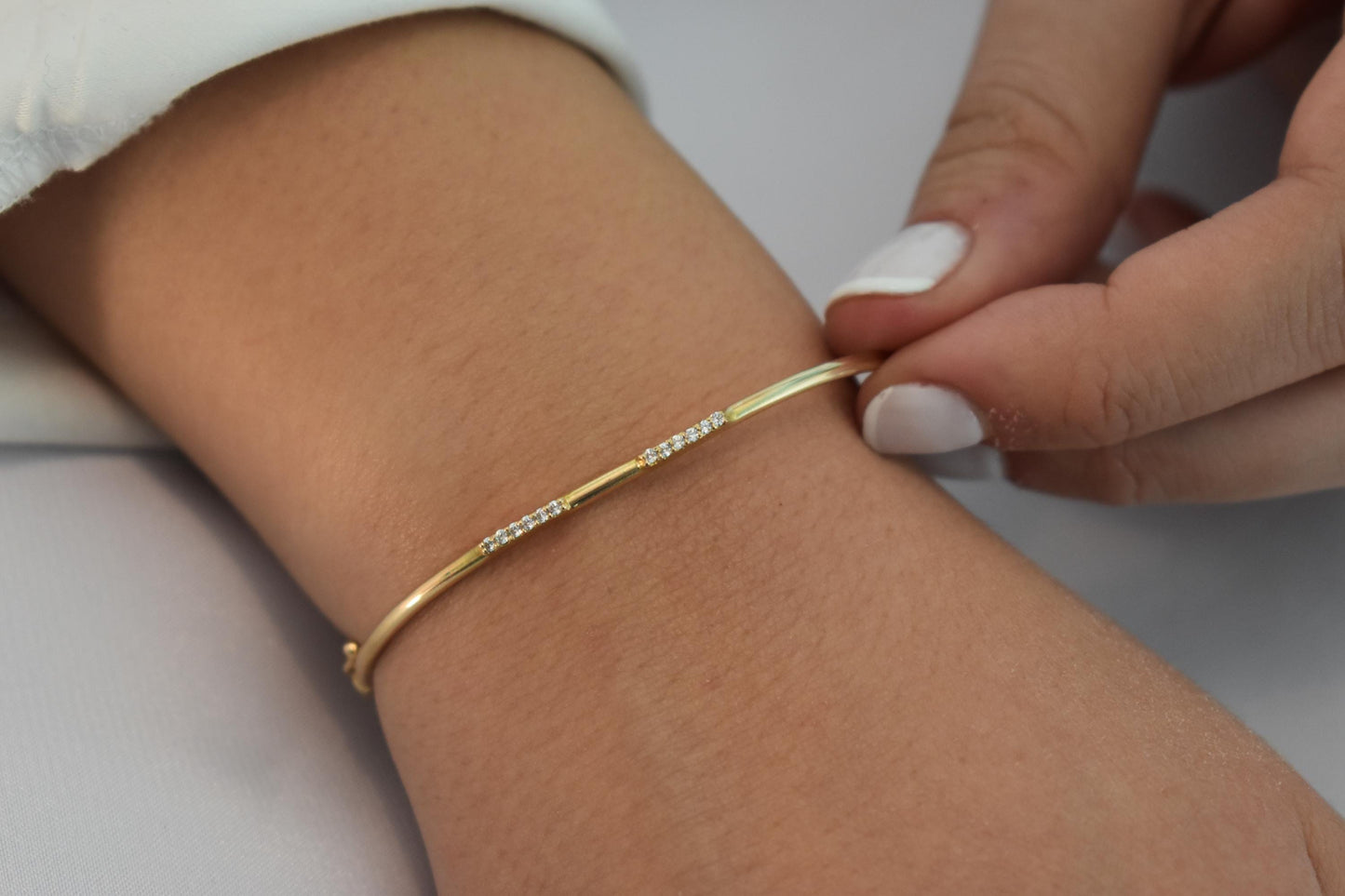 14K Gold Pave Bar Bracelet,Real Solid Gold Everyday Bracelet Women,Wedding & Engagement Dainty Line Bracelet,Stacking Bracelet Gift for Her