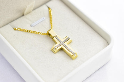 γυναικα 14K Gold Cross Necklace with Cubic Zirconia, Real Gold Religious Pendant, Orthodox Cross Jewelry Gift for Men & Women