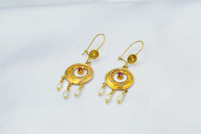 Σκουλαρίκια Boho με Ρουμπίνι & Μαργαριτάρια Κ14