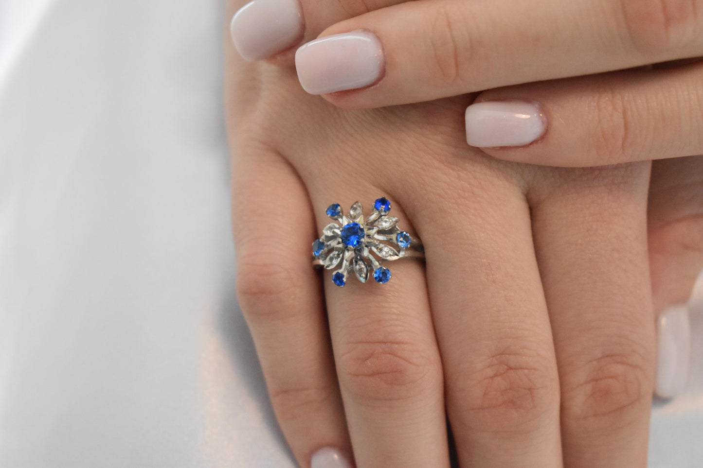 14K Solid Gold Ring Blue and White Zircon,Vintage Retro Ring,Engagement & Wedding Gold Ring,Statement Ring,Stackable Gold Ring,Gift for Her