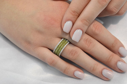 18K Solid Gold Ring with Two Rows of Rotating Peridots,Elegant Unique Design Stackable Jewellery Ring,18K Wedding & Engagement Ring for Her