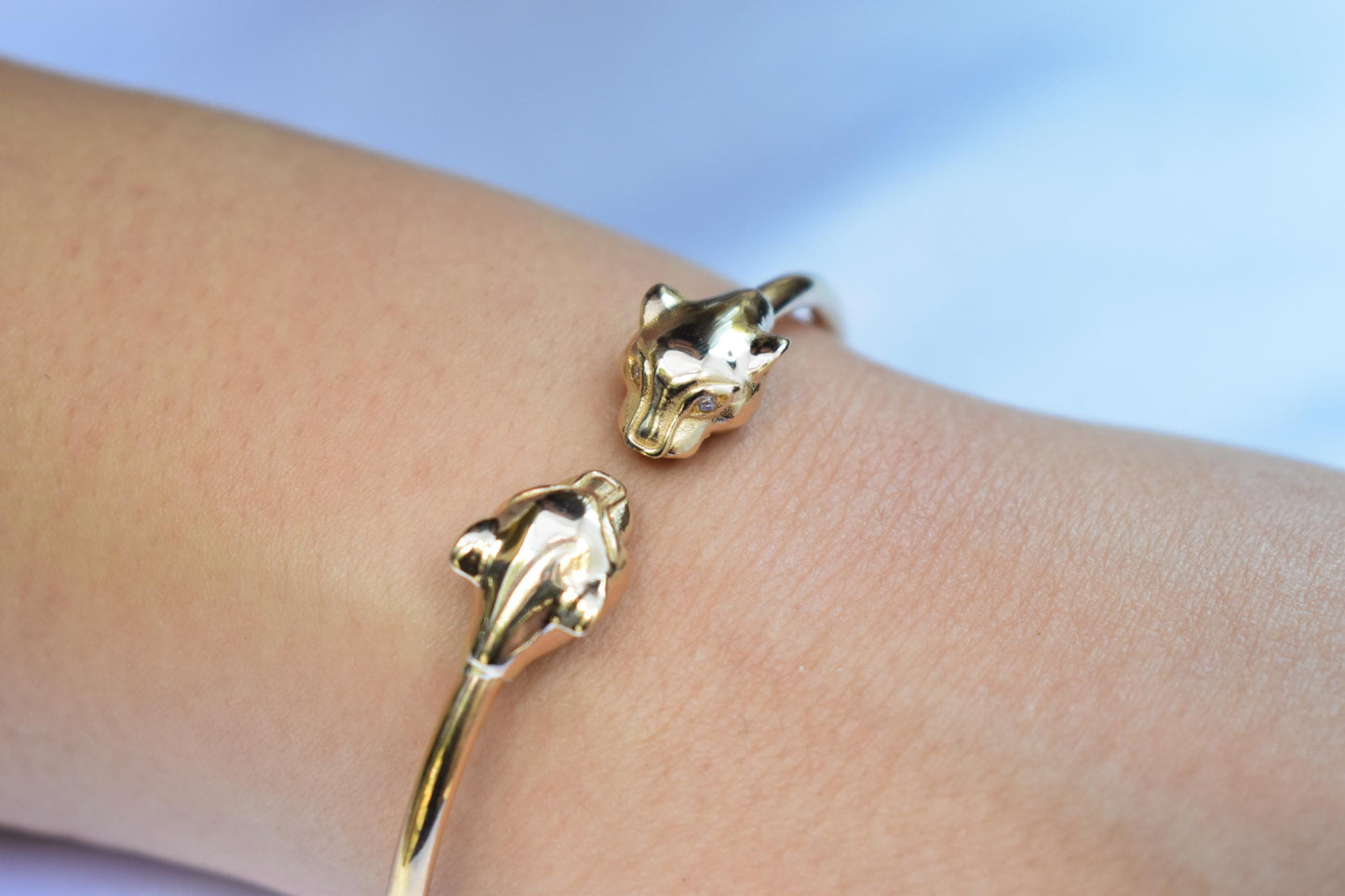 14K Gold Panther Bracelet with Diamonds, Solid Gold Cuff, Diamond Eye Bangle, Luxury Unisex Jewellery, Bold Gold Statement Gift,Gift for Her