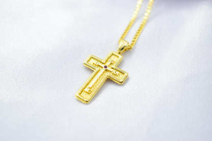 γυναικα 14K Gold Orthodox Cross Pendant with Red & White Zircons | Double-Sided Design,Handmade Religious Jewellery | Baptism Gift Ready, 14K Chain