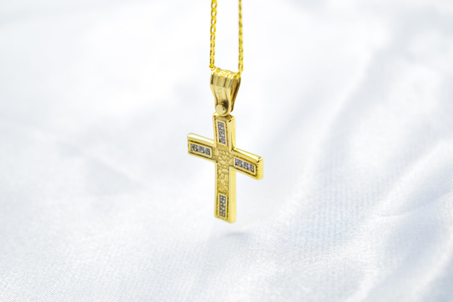 γυναικα 14K Solid Gold Cross Pendant with Zircon,Hammered Texture,Optional 14K Chain,Handmade Religious Jewellery,Women’s Men’s Cross,Baptism Gift