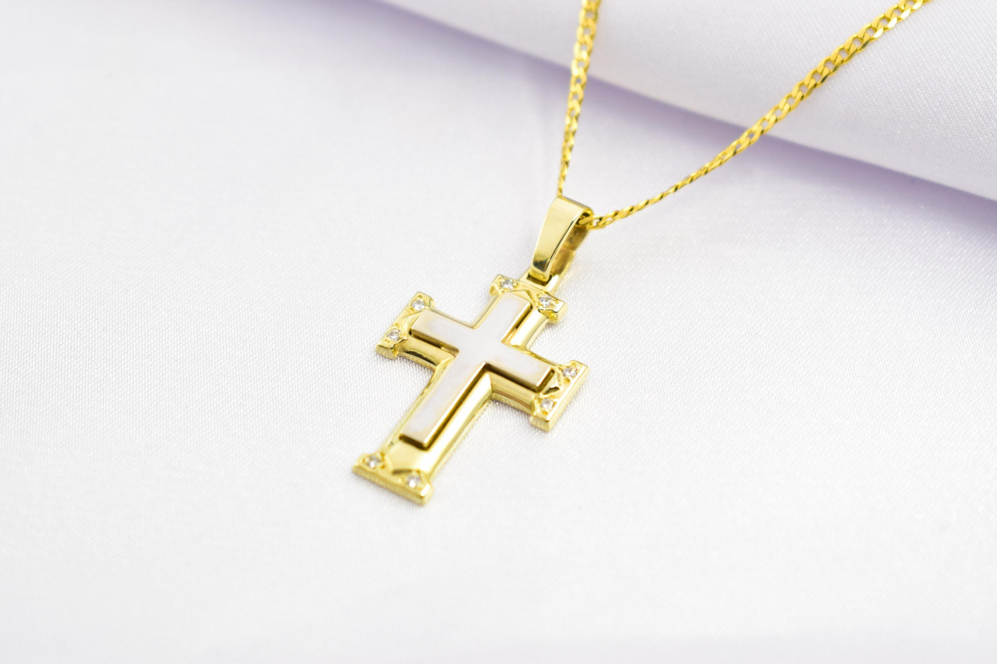 γυναικα 14K Gold Cross Pendant with Cubic Zirconia – Solid Gold Religious Necklace for Men & Women, Elegant Baptism Gift, Christian Jewelry
