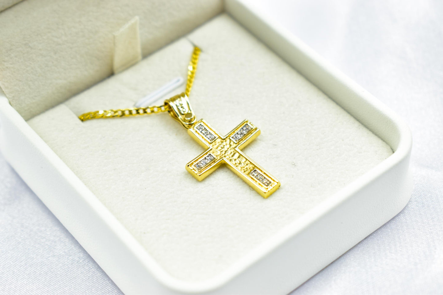 γυναικα 14K Solid Gold Cross Pendant with Zircon,Hammered Texture,Optional 14K Chain,Handmade Religious Jewellery,Women’s Men’s Cross,Baptism Gift