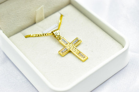 γυναικα 14K Solid Gold Cross Pendant with Zircon,Hammered Texture,Optional 14K Chain,Handmade Religious Jewellery,Women’s Men’s Cross,Baptism Gift