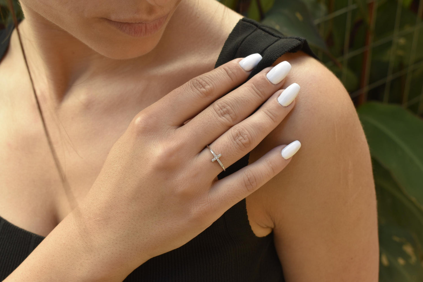 14K White Solid Gold Ring,Cross Ring,Thin Band Ring,Zircon Ring,Elegant Jewelry,Unique Fashion Ring,Handmade Gold Ring,Cross Ring for Her