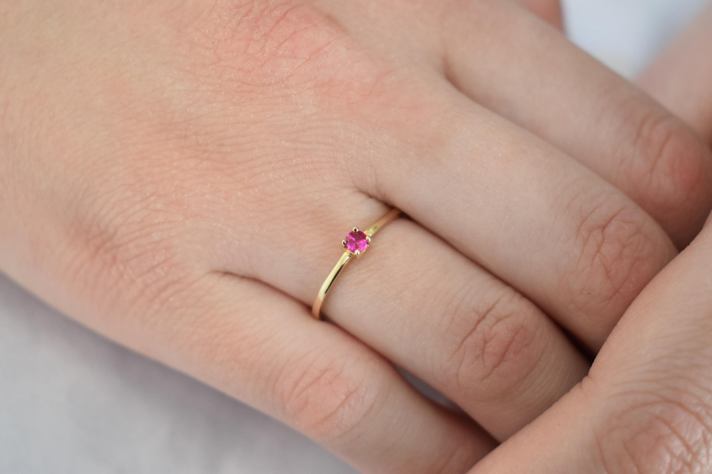 14K Solid Gold Thin Minimalist Ring–Deep Pink Zircon,Stackable Jewellery Gold Ring,14K Wedding & Engagement Stacking Ring,Gift for Her
