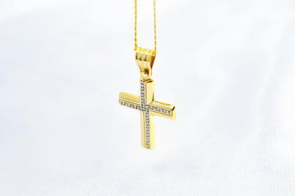 γυναικα 14K Gold Cross Pendant with Zircon Stones | Handcrafted Christian Jewellery | Minimal Design Cross | Women’s Men’s Gold Cross ,Baptism Gift