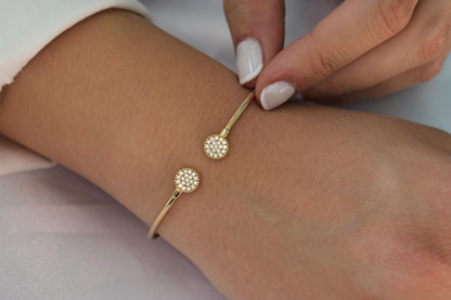 14K Solid Gold Open Bangle Bracelet Zircon or Diamond,Custom Fit Cuff Bracelet,Elegant Handmade Gold Jewellery,Gift for Her,Gift for Mom