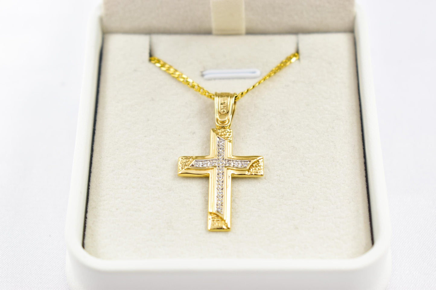 γυναικα 14K Solid Gold Cross Pendant with Zircon Stones – Unisex Baptism Religious Necklace Gift for Him or Her