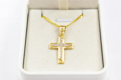 γυναικα 14K Solid Gold Cross Pendant with Zircon Stones – Unisex Baptism Religious Necklace Gift for Him or Her