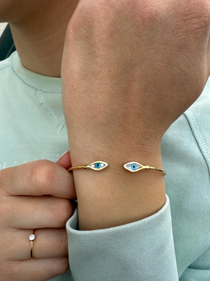 14K Gold Evil Eye Bracelet,Mother of Pearl Evil Eye,Lucky Bracelet,Blue Eye Bangle,Protective Gift for Everyday,Gold Gift for Mom & Her