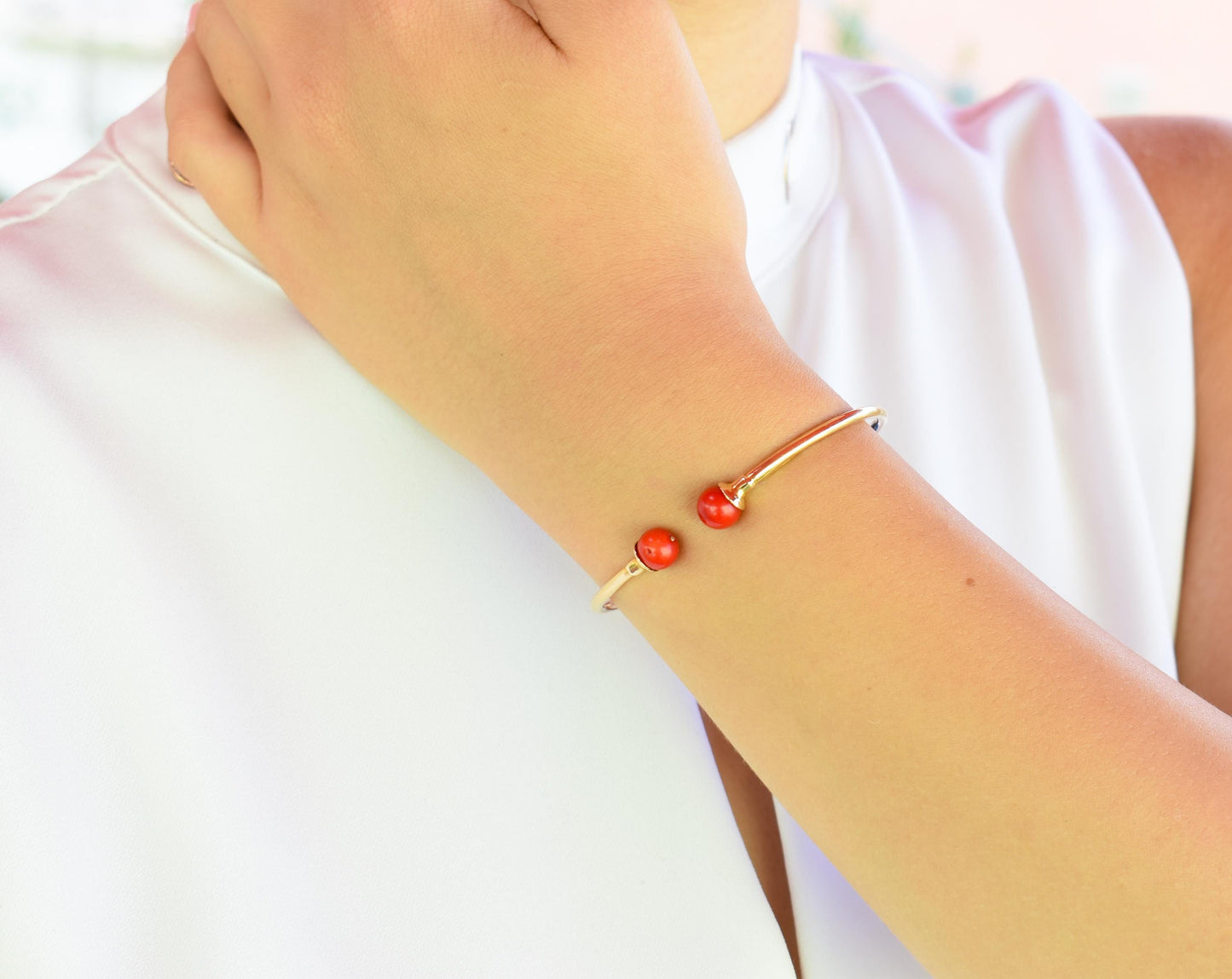 14K Gold Coral Bracelet,Coral Bangle Bracelet,Stacking Gold Bangle Bracelet,Minimal Bangle Bracelet,Summer Collection,Exclusive Gift for Her
